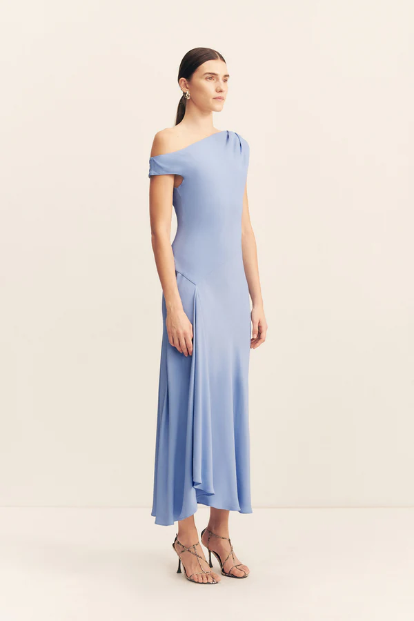 Rio Asymmetrical Draped Midi Dress | Cornflower Blue - Image 2