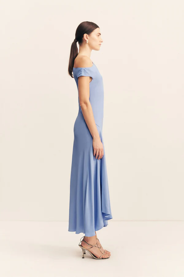Rio Asymmetrical Draped Midi Dress | Cornflower Blue - Image 5