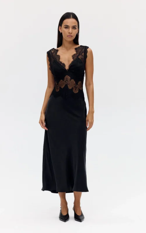 Visions Lace Deep V Maxi Dress | Ebony