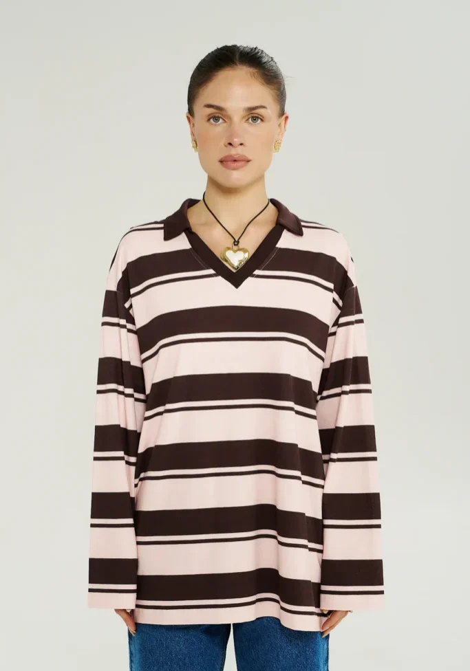 LS Polo Top Choc Rose Stripe 1