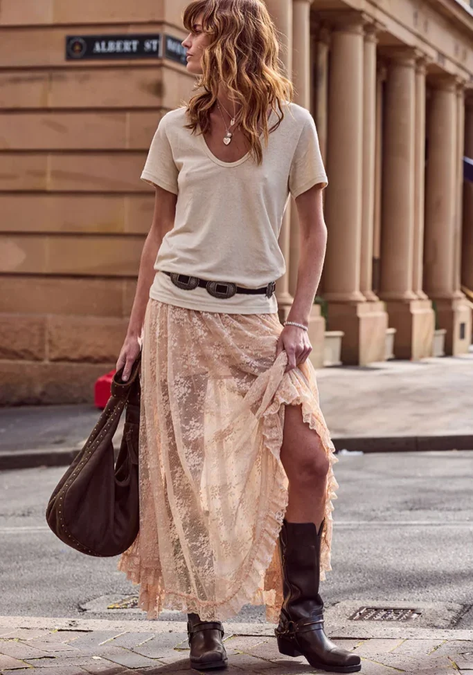 Labyrinth Lace Maxi Skirt Peach Bliss 2