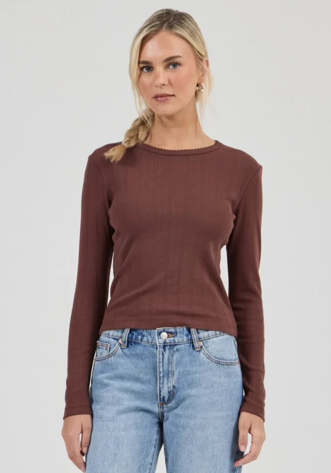 Pointelle Classic Long Sleeve Top Chocolate 3